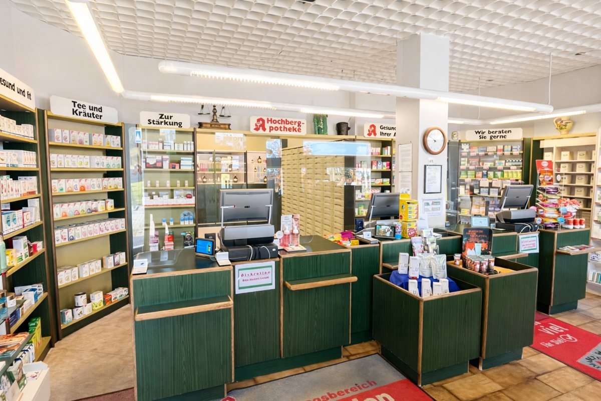 Innenansicht der Hochberg Apotheke mit Beratungstresen Heller Innenraum der Hochberg Apotheke mit mehreren grünen Verkaufstresen, Plexiglasscheiben, Regalen mit Arzneimitteln und Naturheilprodukten sowie Beschilderung zu Beratung, Tee und Kräutern.
